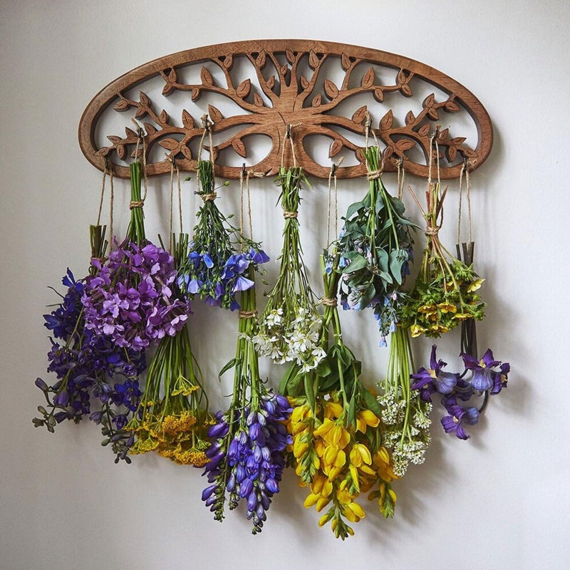 Tnstbiee Rustic Herb Drying Rack Hanging - Artistic Life Tree Design for Kitchen Witches & Gardeners - Holds 11 Bouquets - Saving Space Herb & Flower Dryer - Gift for Crafters - Wall Art D?cor - Image 1
